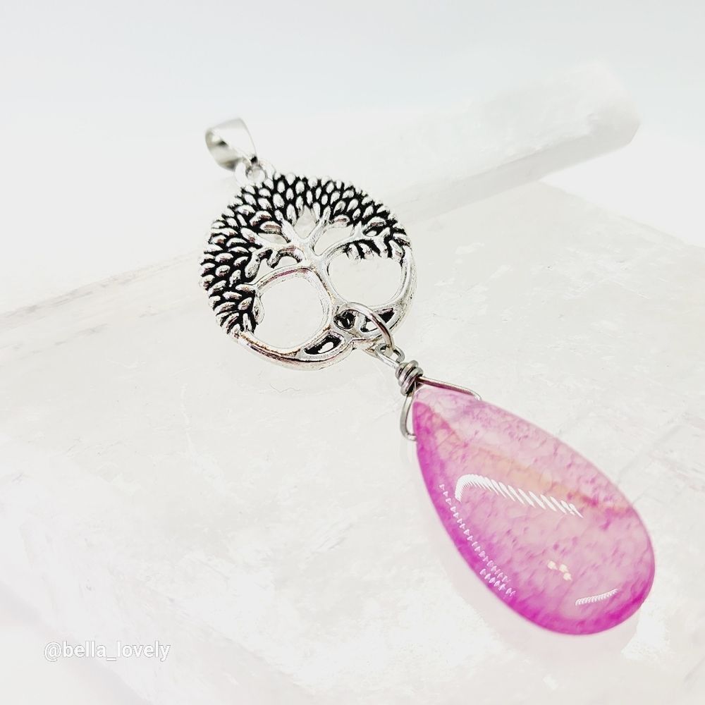 Peach Dragon Veins Agate Teardrop Tree Of Life Handmade Pendant 2.72"